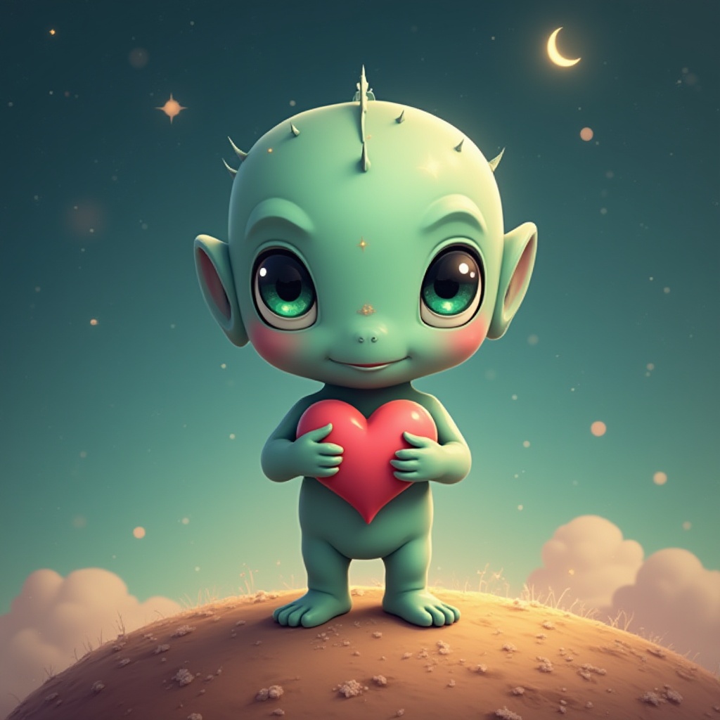Cute green creature holding a heart under a starlit sky Cute green creature holding a heart under a starlit sky