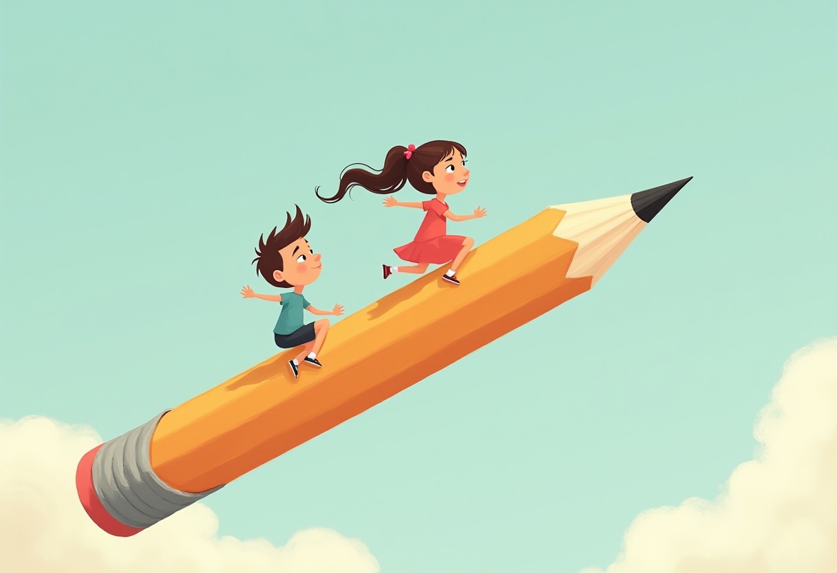 Children riding a giant pencil through the sky Children riding a giant pencil through the sky