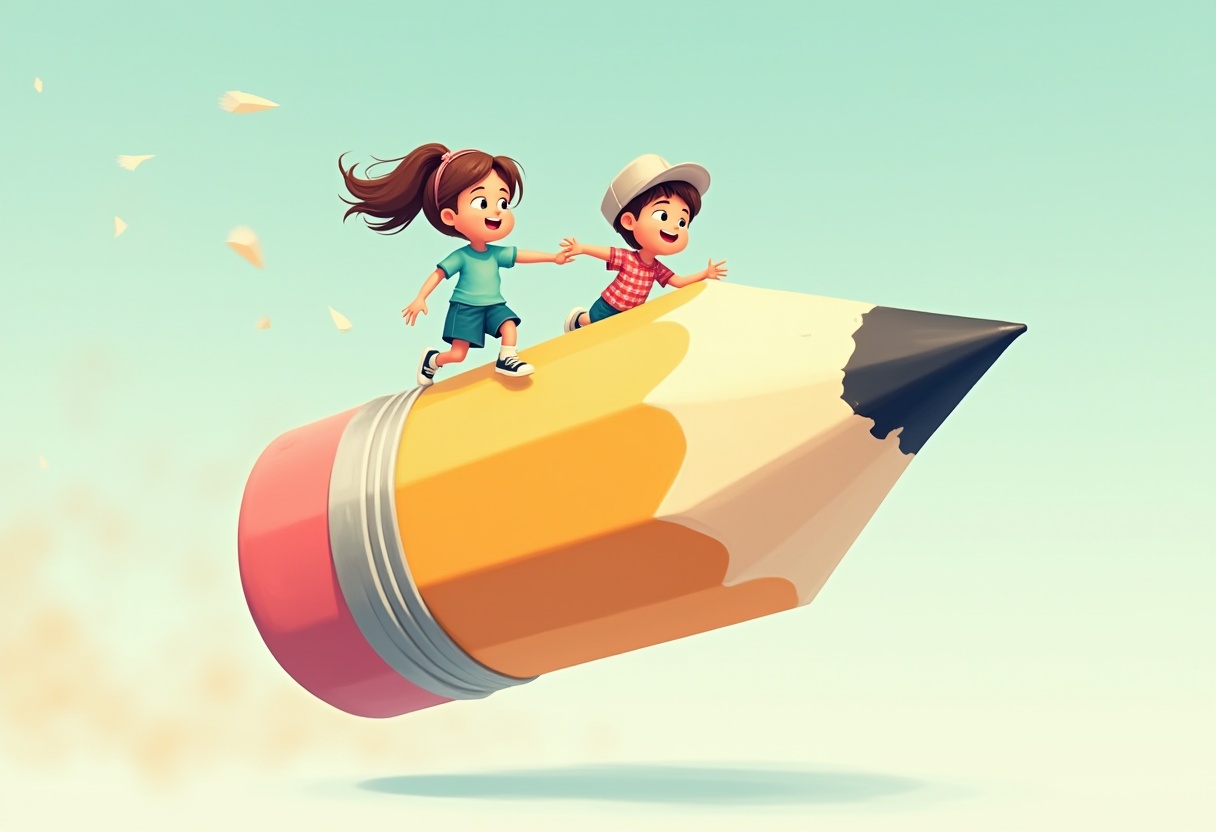 Kids ride a giant pencil in a whimsical adventure Kids ride a giant pencil in a whimsical adventure