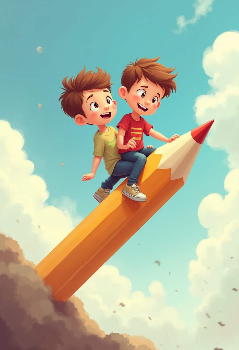 Two boys riding a giant pencil in a playful sky Two boys riding a giant pencil in a playful sky