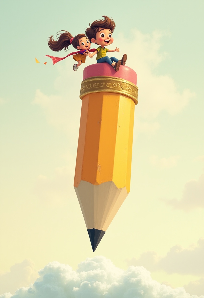 Kids riding a large pencil in a whimsical sky Kids riding a large pencil in a whimsical sky