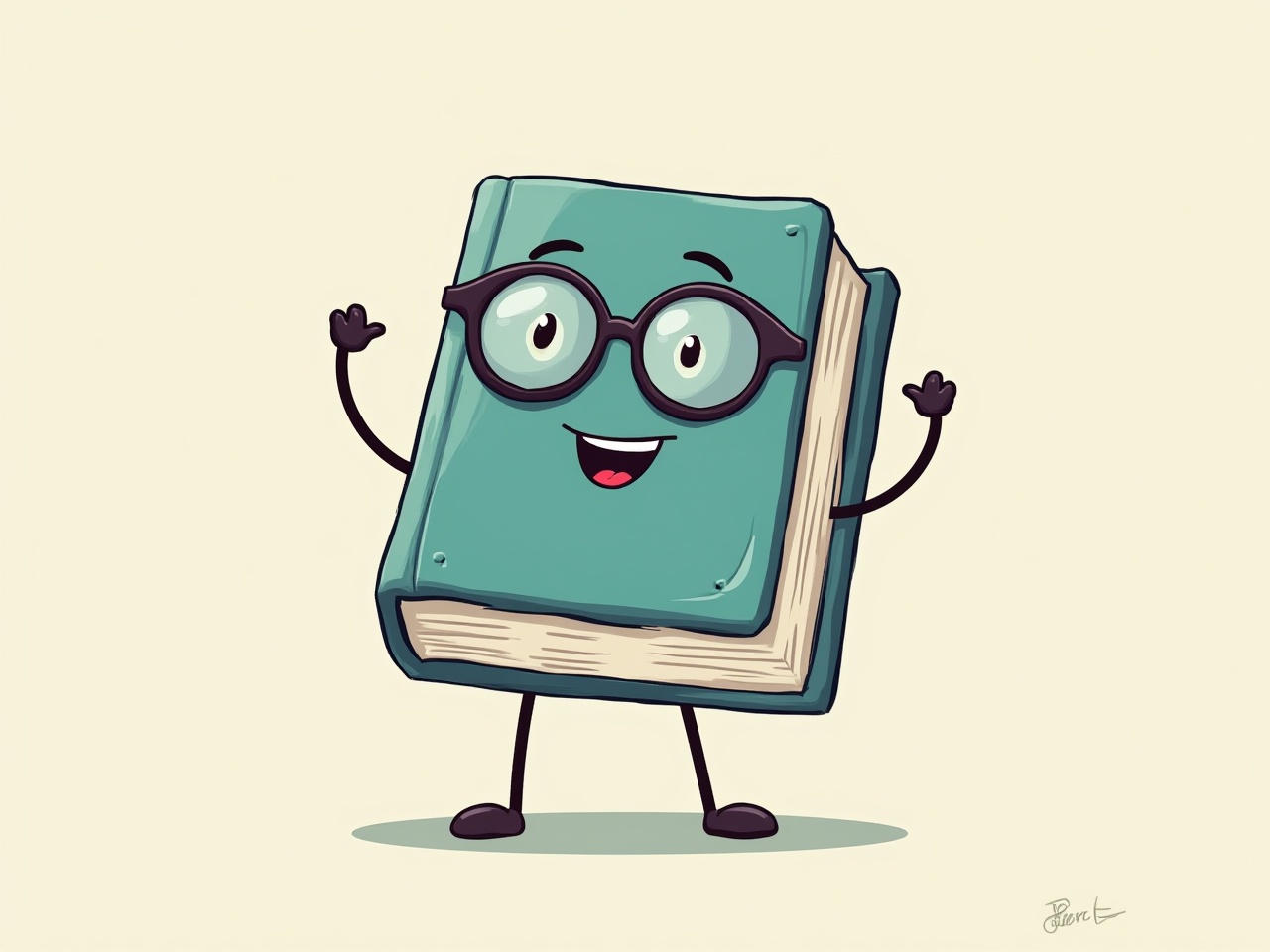 Happy cartoon book character with glasses waving Happy cartoon book character with glasses waving