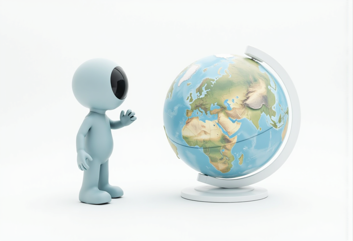 Character exploring globe in a minimalist setting Character exploring globe in a minimalist setting