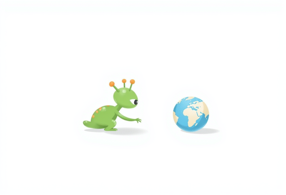 Green alien crawling towards earth in playful scenery Green alien crawling towards earth in playful scenery