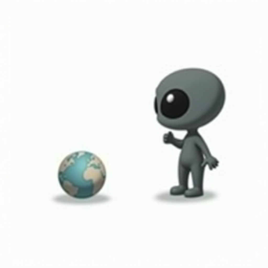 Alien figure interacts with globe in a playful manner Alien figure interacts with globe in a playful manner