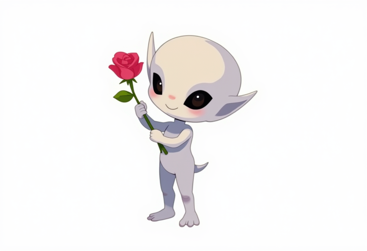 Cute character holding a rose in a cheerful pose Cute character holding a rose in a cheerful pose