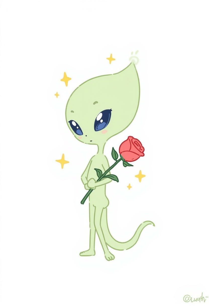 Friendly alien character holding a rose with sparkles Friendly alien character holding a rose with sparkles