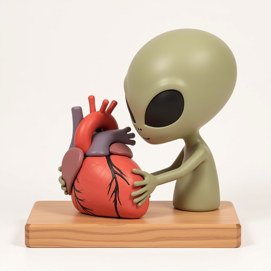 Alien figure holding heart sculpture on wooden base Alien figure holding heart sculpture on wooden base