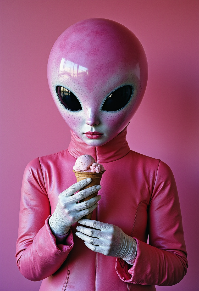 Alien figure enjoys ice cream in vibrant pink setting Alien figure enjoys ice cream in vibrant pink setting
