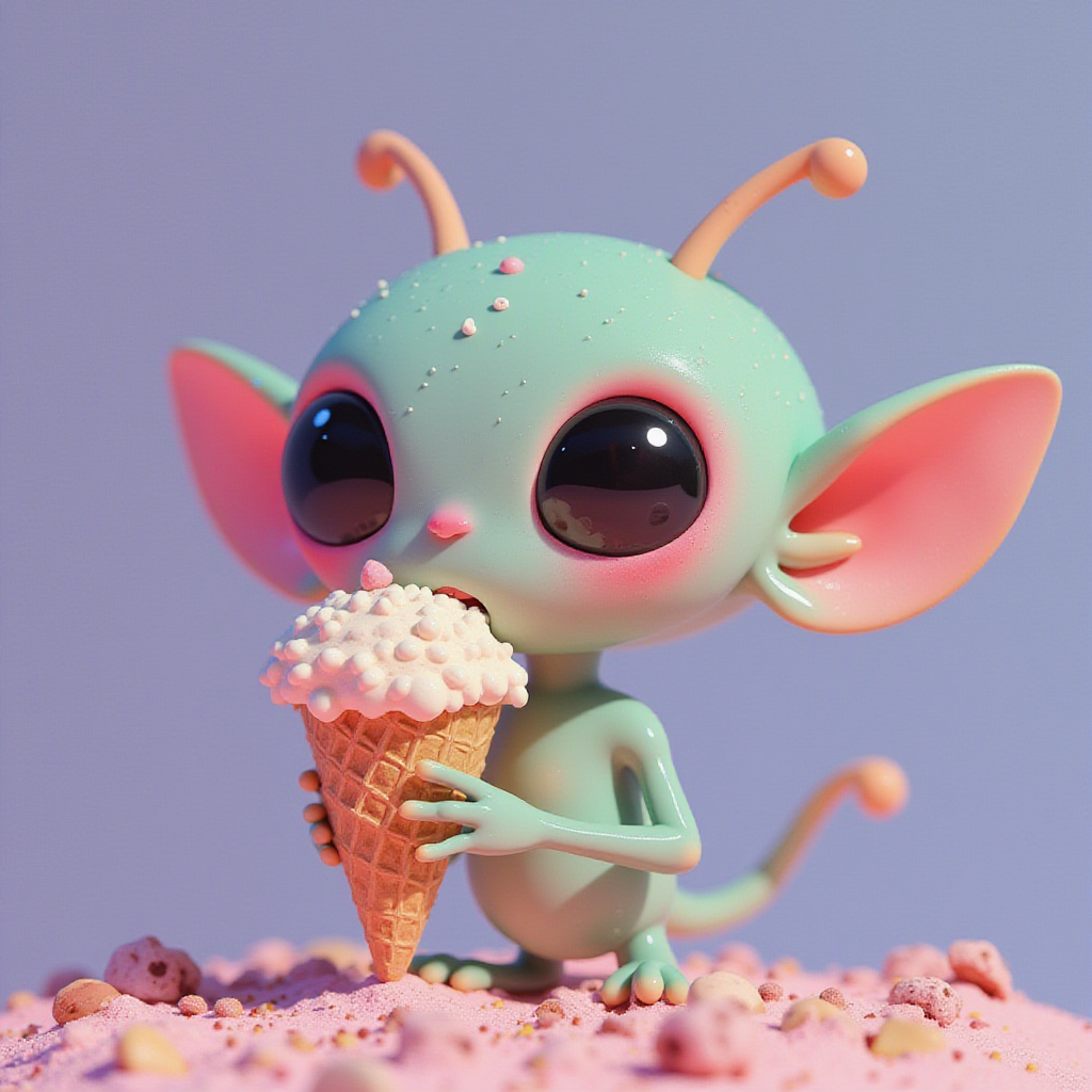 Cute creature enjoying ice cream cone in pastel setting Cute creature enjoying ice cream cone in pastel setting