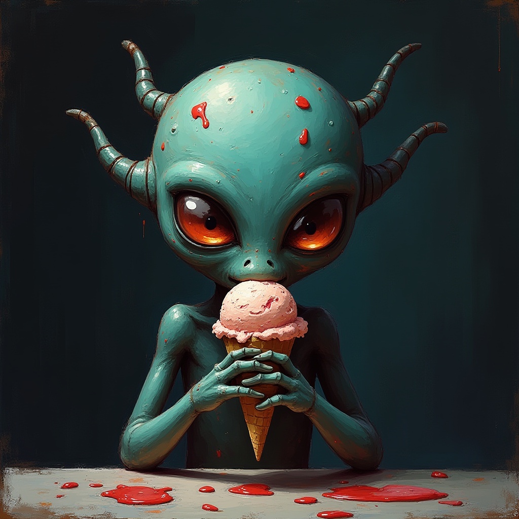 Alien child enjoying ice cream on a dark night Alien child enjoying ice cream on a dark night
