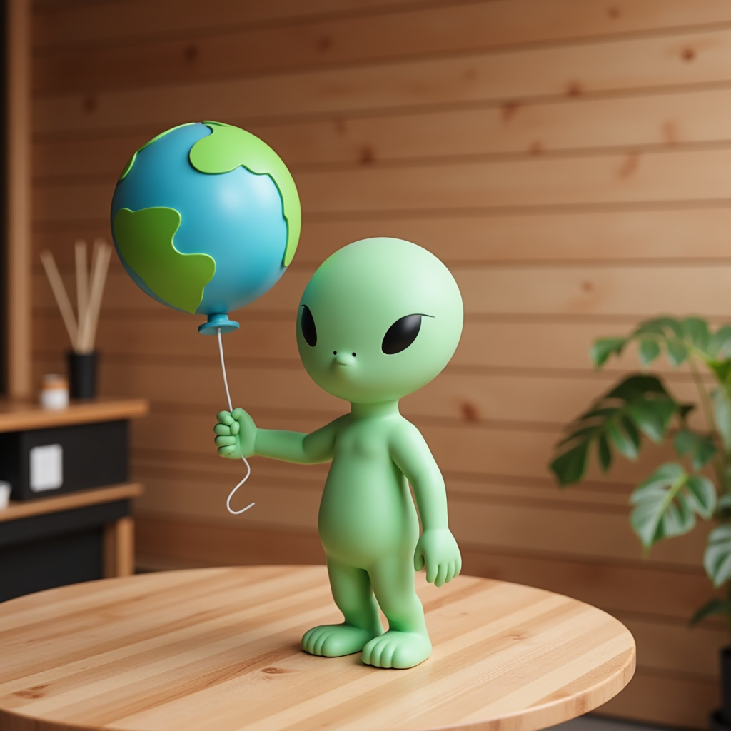 Cute alien holds a globe balloon indoors in playful setting Cute alien holds a globe balloon indoors in playful setting