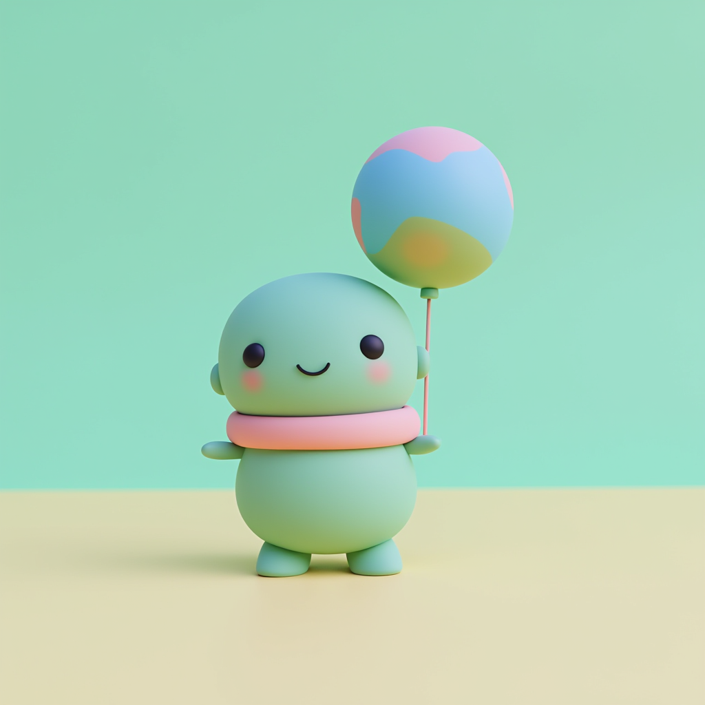 Cute green character holding a colorful balloon Cute green character holding a colorful balloon