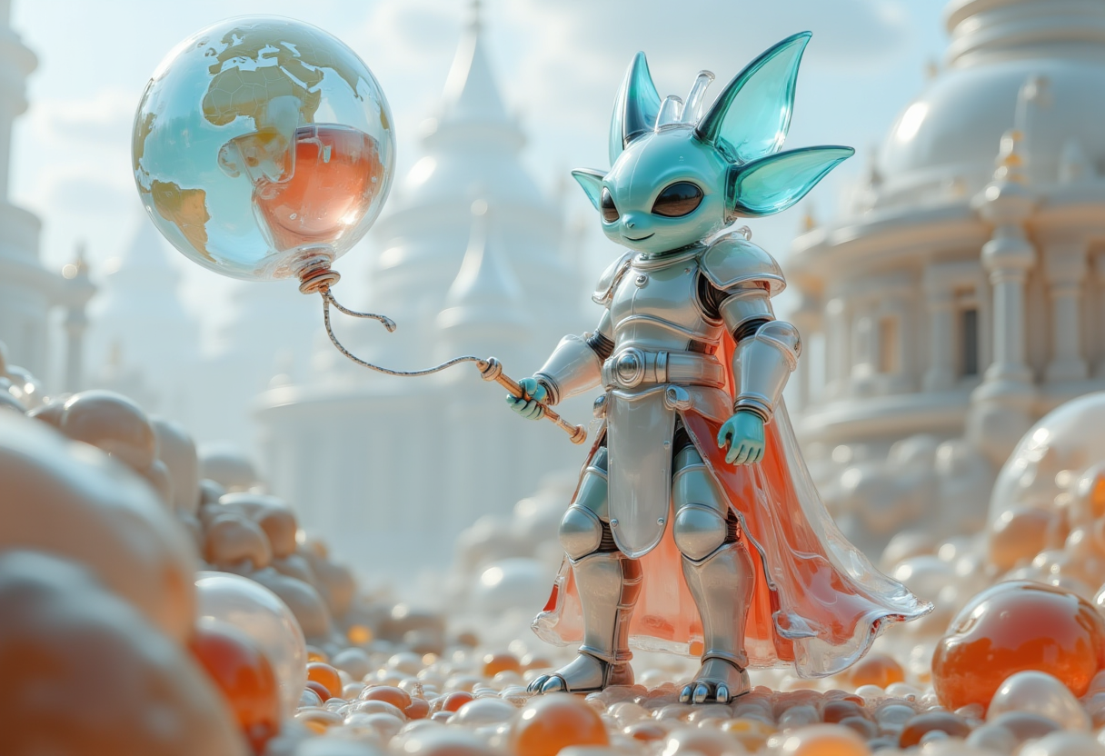Fantasy character holds globe balloon in whimsical landscape Fantasy character holds globe balloon in whimsical landscape