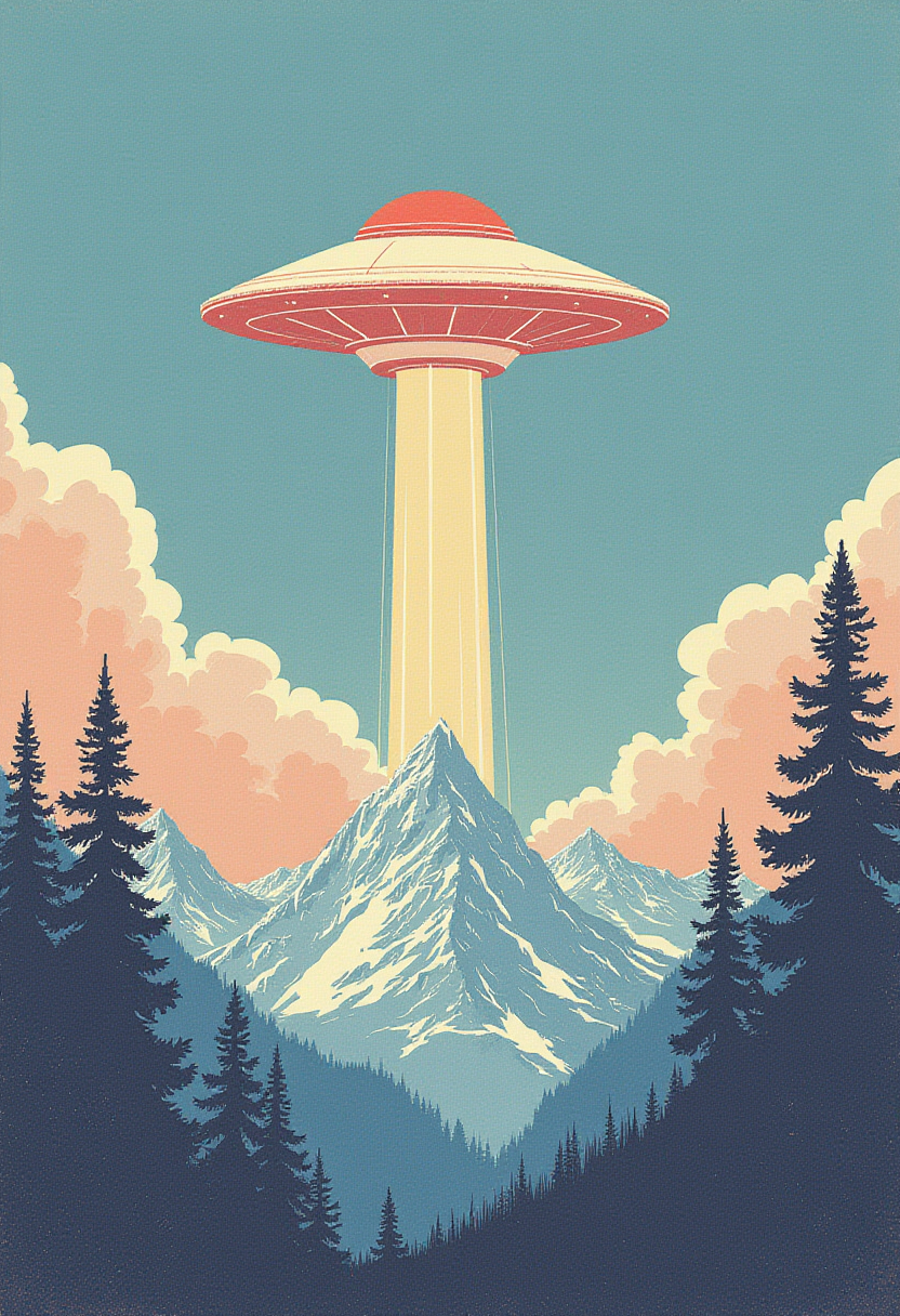 Ufo hovers over majestic mountains during twilight Ufo hovers over majestic mountains during twilight