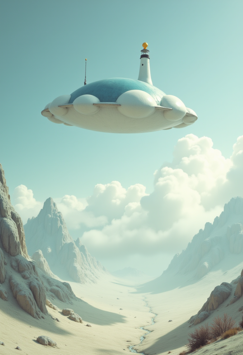 Ufo hovering over a snowy mountain valley with clouds Ufo hovering over a snowy mountain valley with clouds