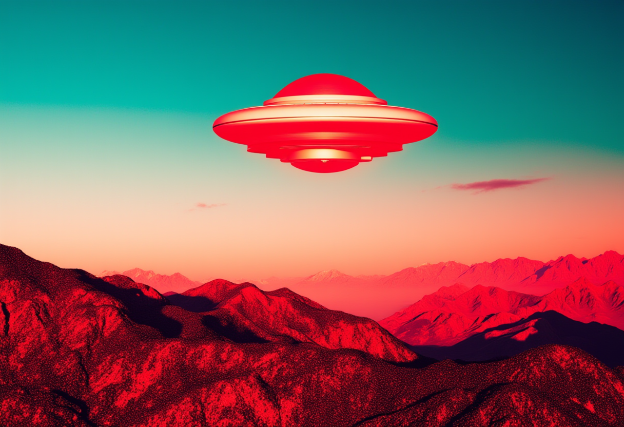 Ufo hovering over red mountain landscape at sunset Ufo hovering over red mountain landscape at sunset