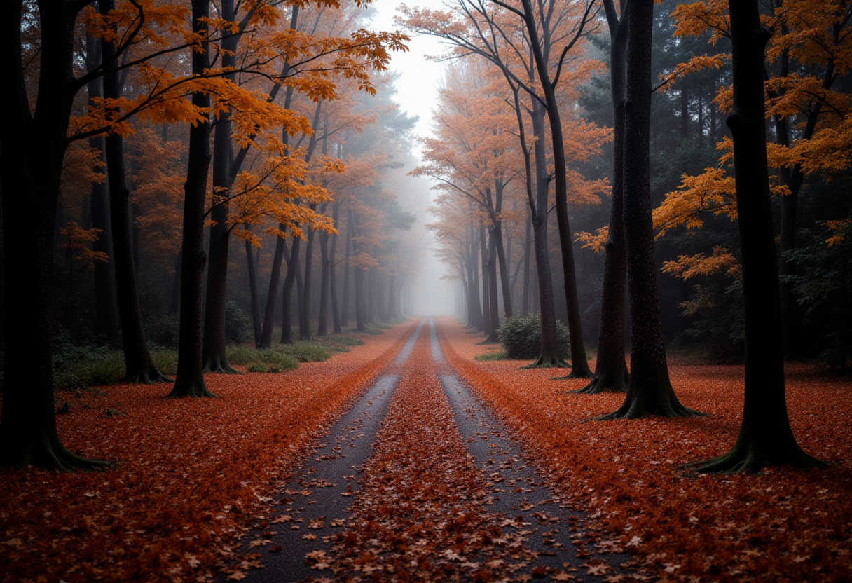 Autumn path through a foggy forest with fallen leaves Autumn path through a foggy forest with fallen leaves