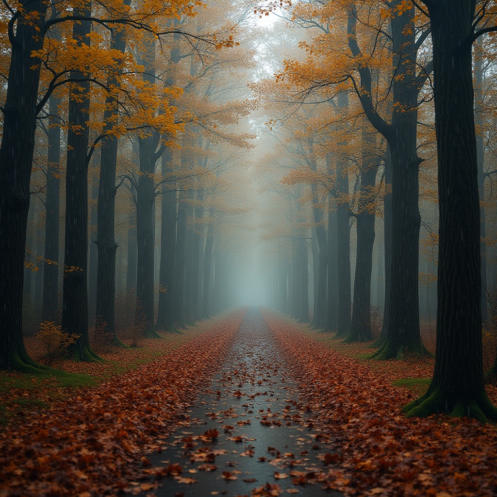 Fog-covered pathway in autumn forest Fog-covered pathway in autumn forest