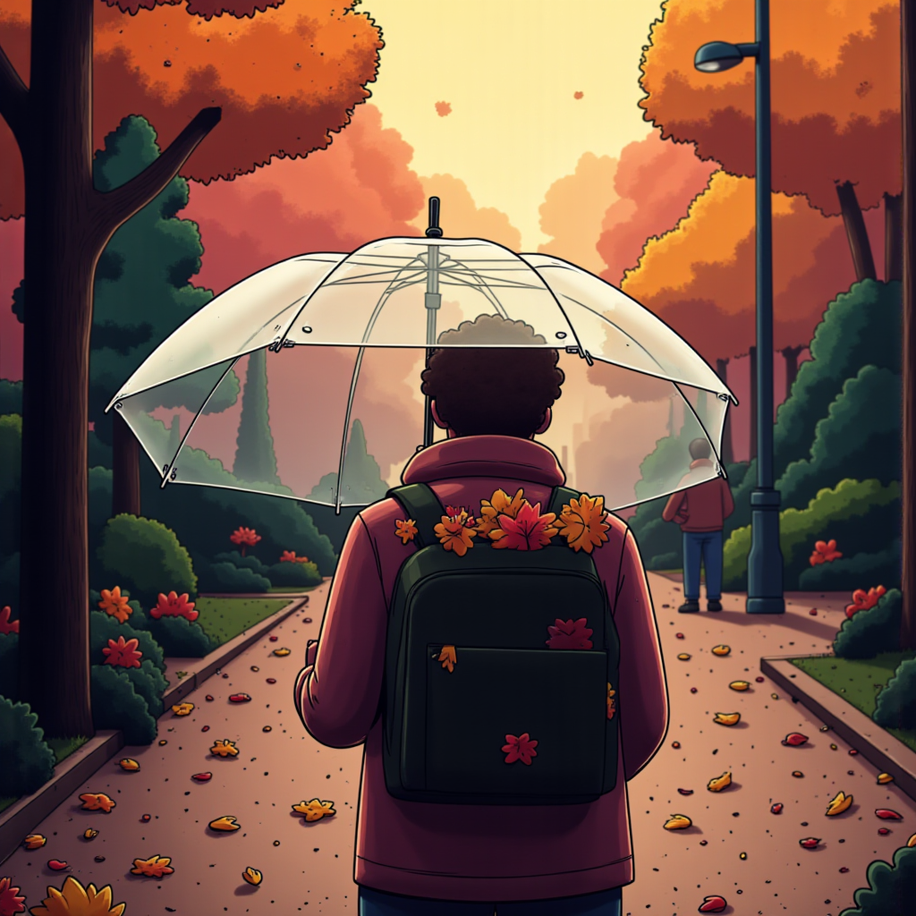 Enjoying a tranquil autumn walk with a clear umbrella Enjoying a tranquil autumn walk with a clear umbrella