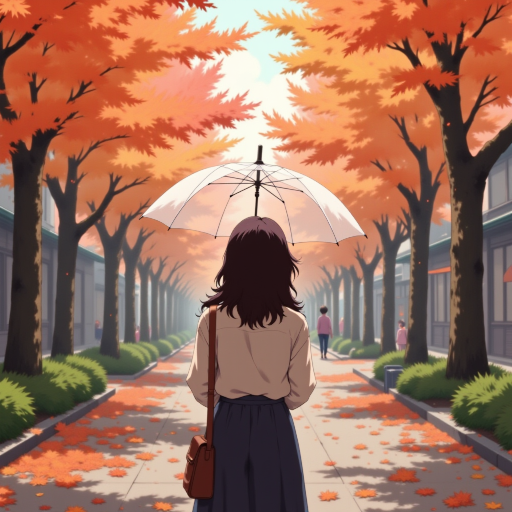 Autumn stroll under trees with vibrant orange leaves Autumn stroll under trees with vibrant orange leaves