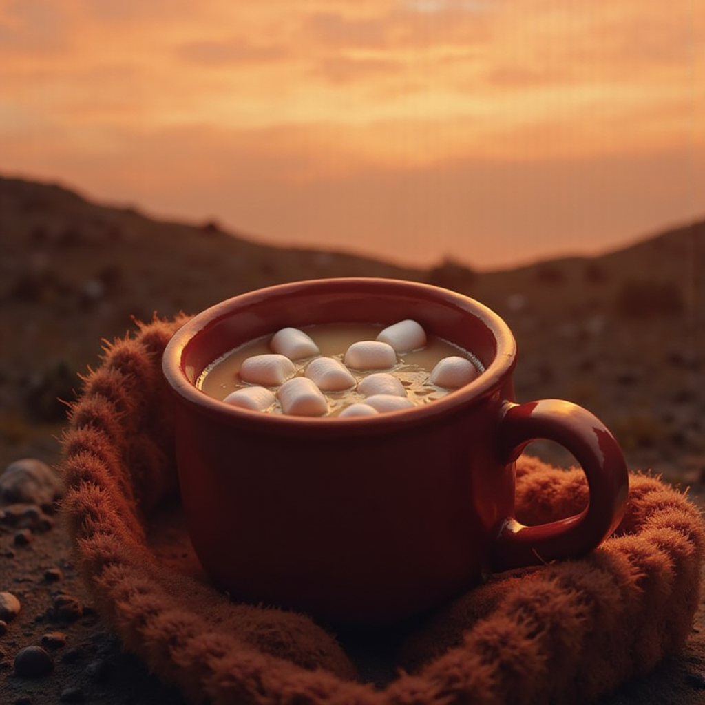 Warm drink with marshmallows during sunset in nature Warm drink with marshmallows during sunset in nature