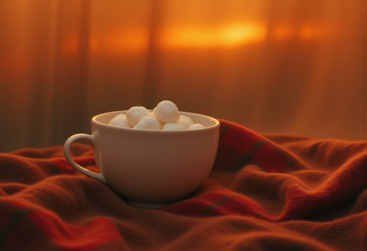 Cozy cup of marshmallows on a warm blanket at sunset Cozy cup of marshmallows on a warm blanket at sunset