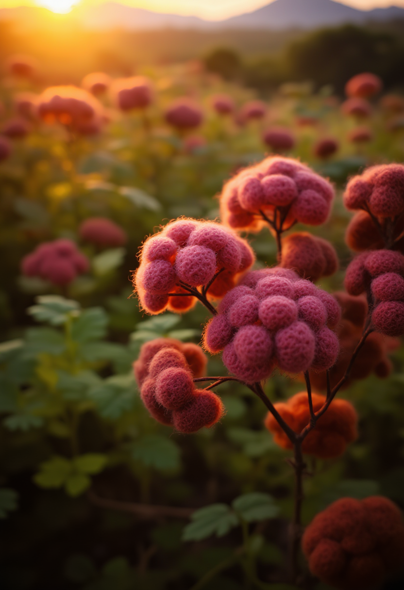 Pink flowers bloom at sunset in a calm landscape Pink flowers bloom at sunset in a calm landscape