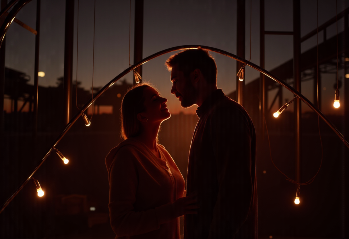Romantic couple sharing a moment at sunset outdoors Romantic couple sharing a moment at sunset outdoors