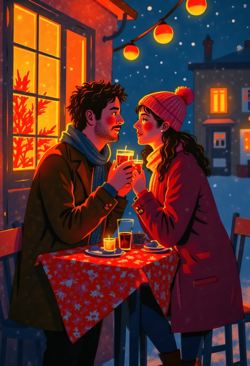 Couple enjoying drinks at a cozy outdoor table in winter Couple enjoying drinks at a cozy outdoor table in winter
