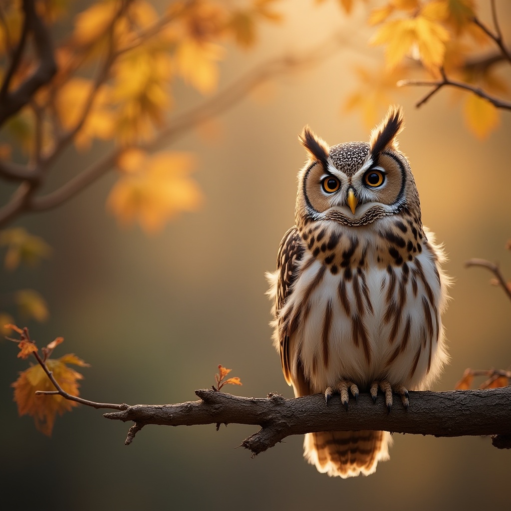 Owl perched on branch amidst autumn foliage at sunset Owl perched on branch amidst autumn foliage at sunset
