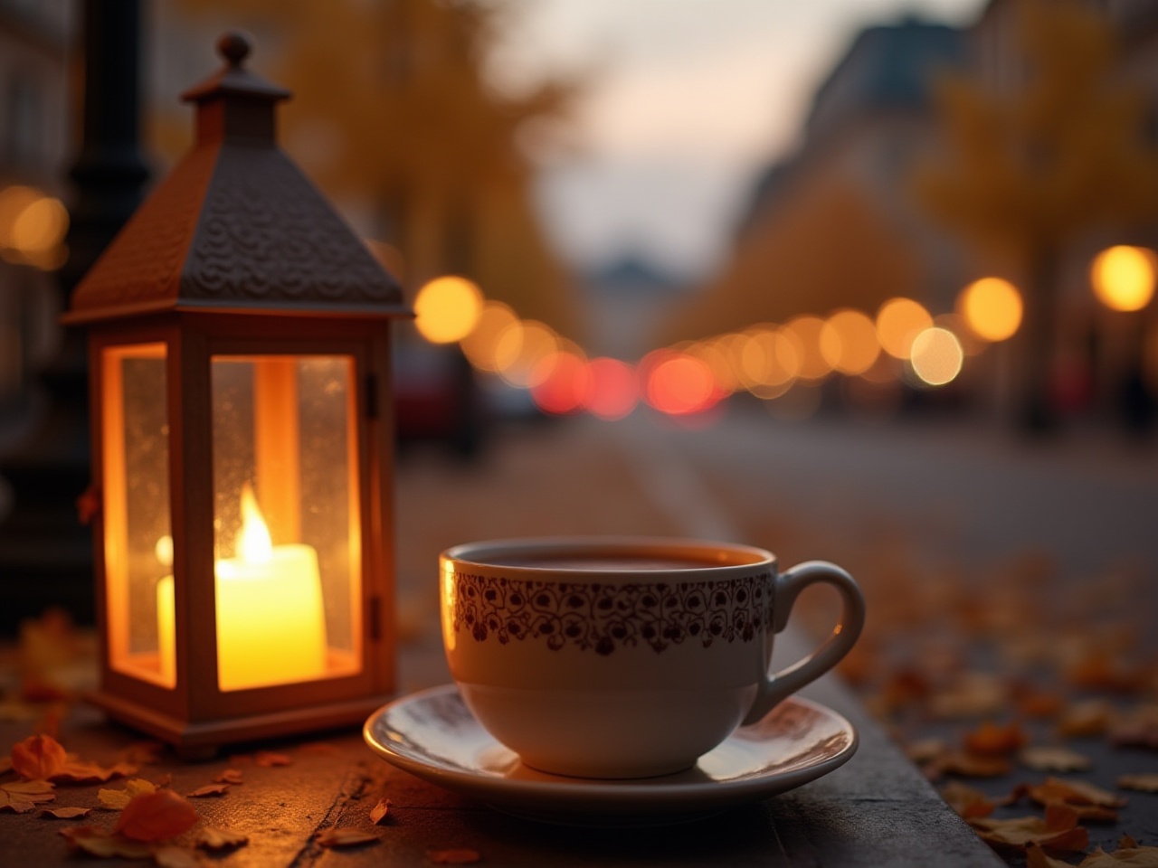 Warm drink by candlelight on a quiet evening street Warm drink by candlelight on a quiet evening street