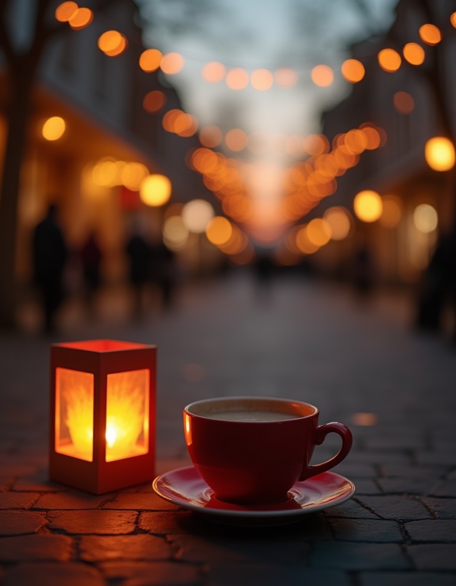 Evening coffee and lantern glow on a bustling street Evening coffee and lantern glow on a bustling street