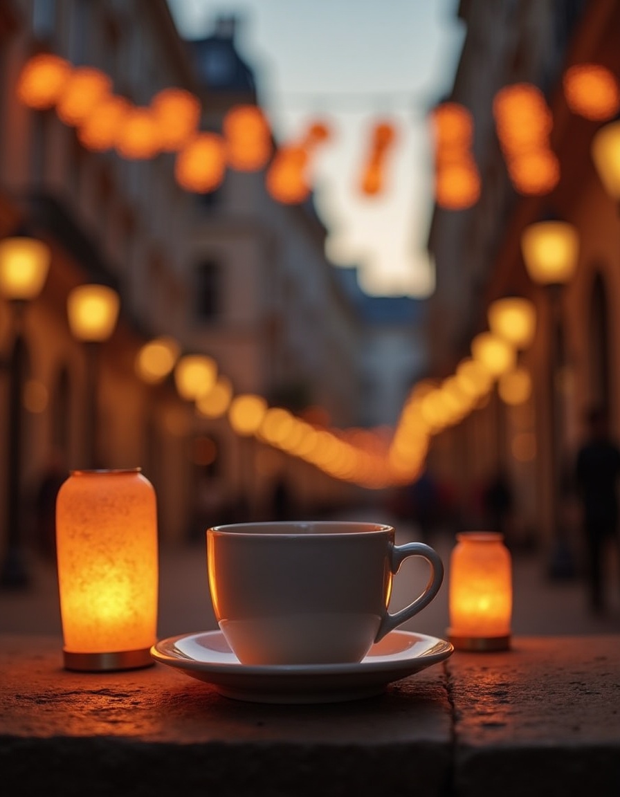 Enjoying a warm drink on a lit street at dusk Enjoying a warm drink on a lit street at dusk