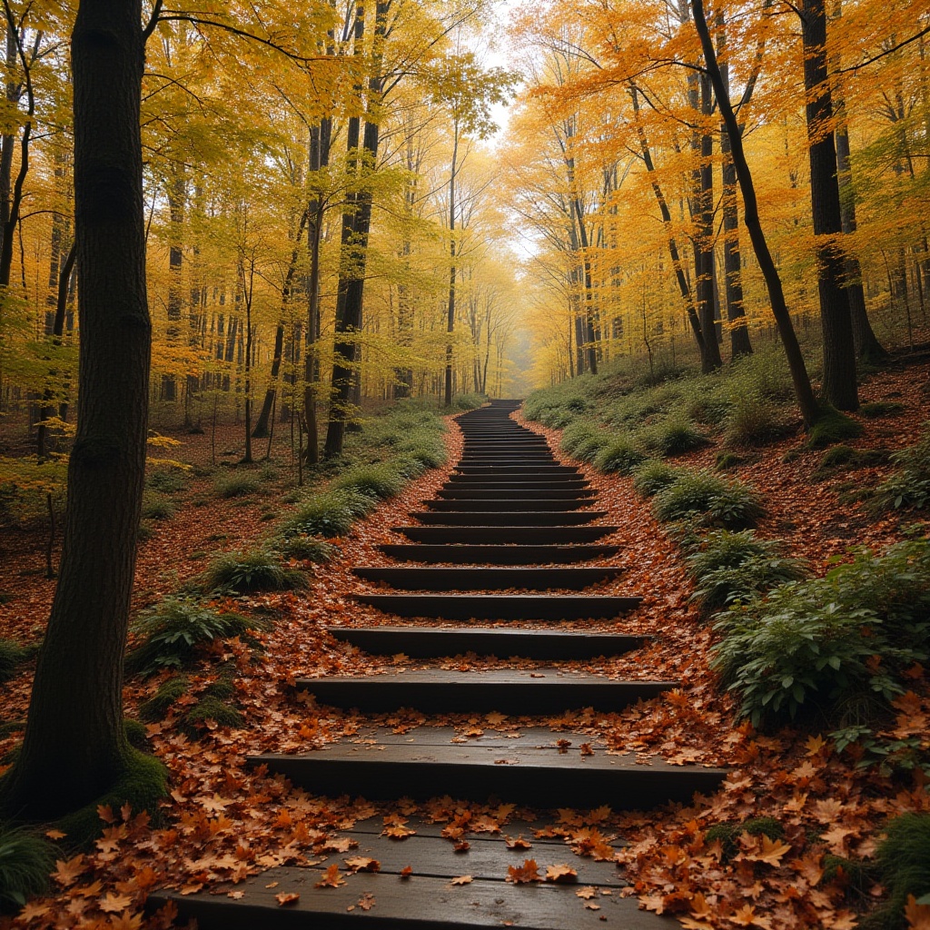 Stairway through vibrant autumn forest with golden leaves Stairway through vibrant autumn forest with golden leaves