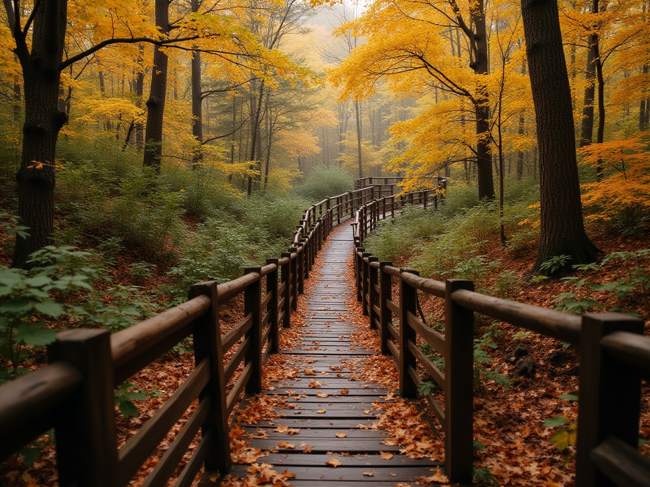 Wooden path winding through autumn forest with golden leaves Wooden path winding through autumn forest with golden leaves