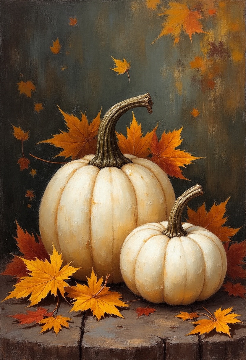 White pumpkins and autumn leaves create cozy fall ambiance White pumpkins and autumn leaves create cozy fall ambiance