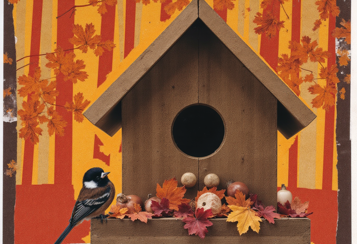 Birdhouse with autumn leaves and backyard bird Birdhouse with autumn leaves and backyard bird