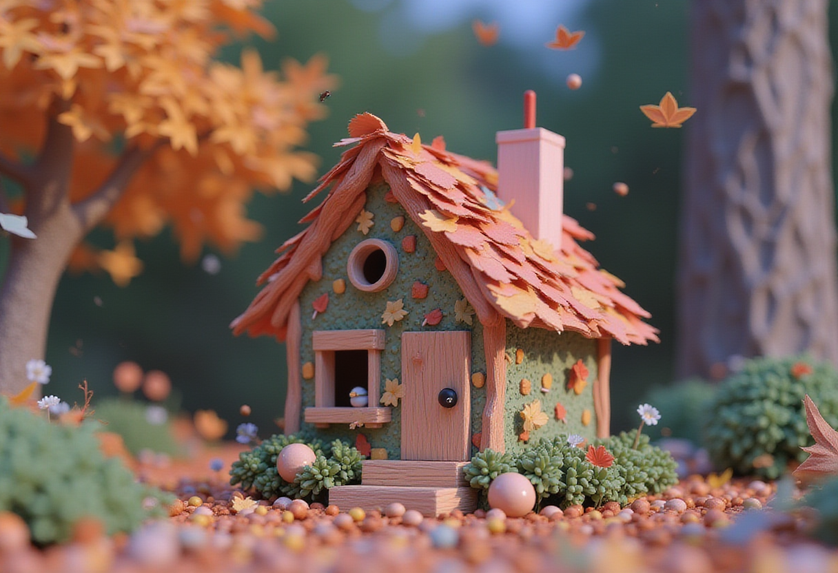 Miniature house surrounded by autumn leaves in nature Miniature house surrounded by autumn leaves in nature