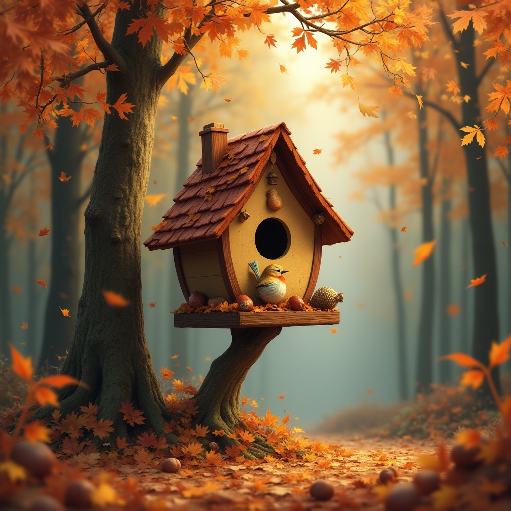 Birdhouse nestled in autumn foliage with sunny background Birdhouse nestled in autumn foliage with sunny background