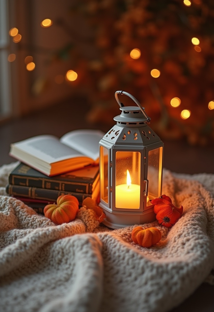 Cozy autumn night with lantern and books by the fire Cozy autumn night with lantern and books by the fire