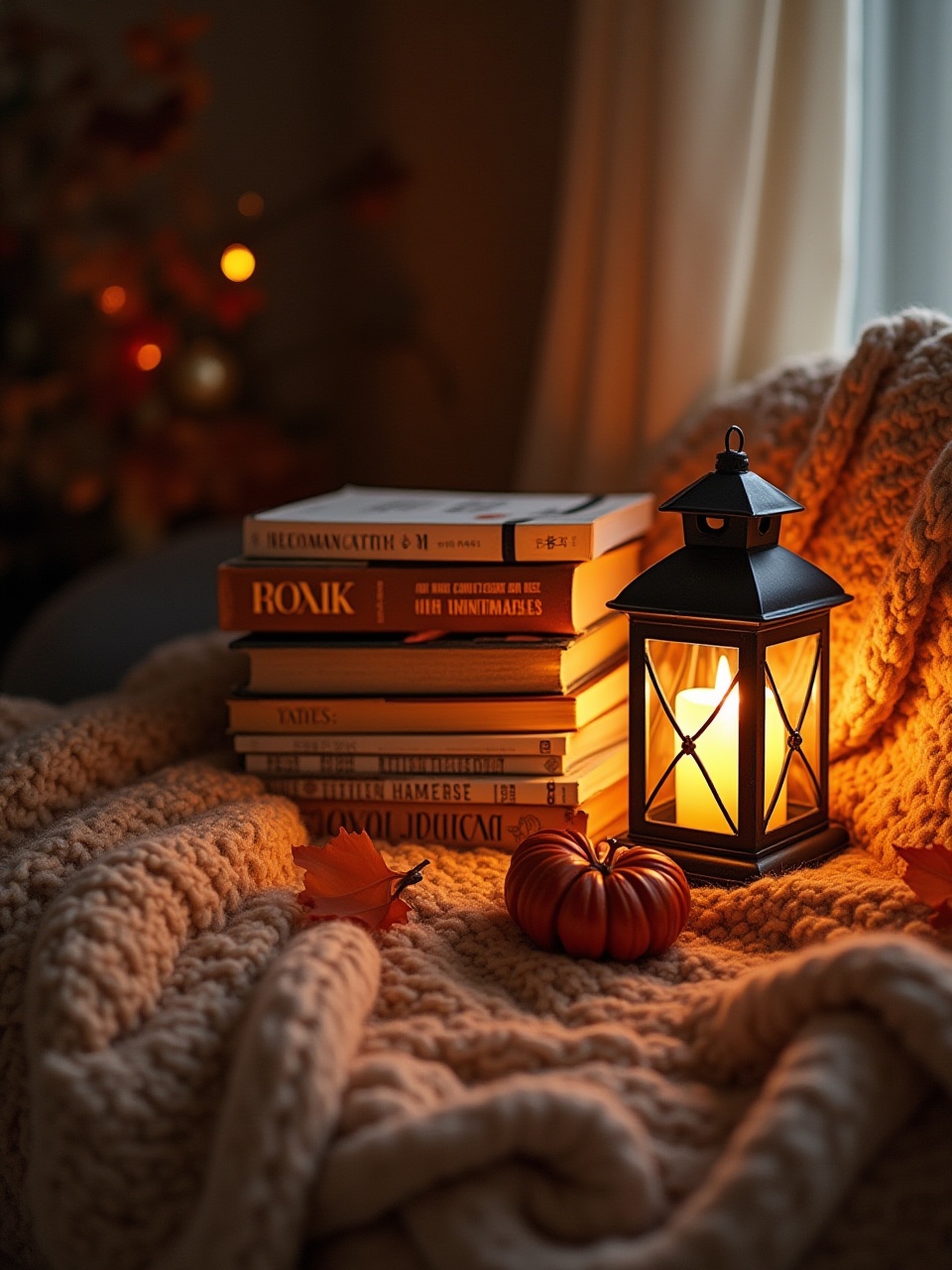 Warm autumn evening by the cozy fireplace with books Warm autumn evening by the cozy fireplace with books
