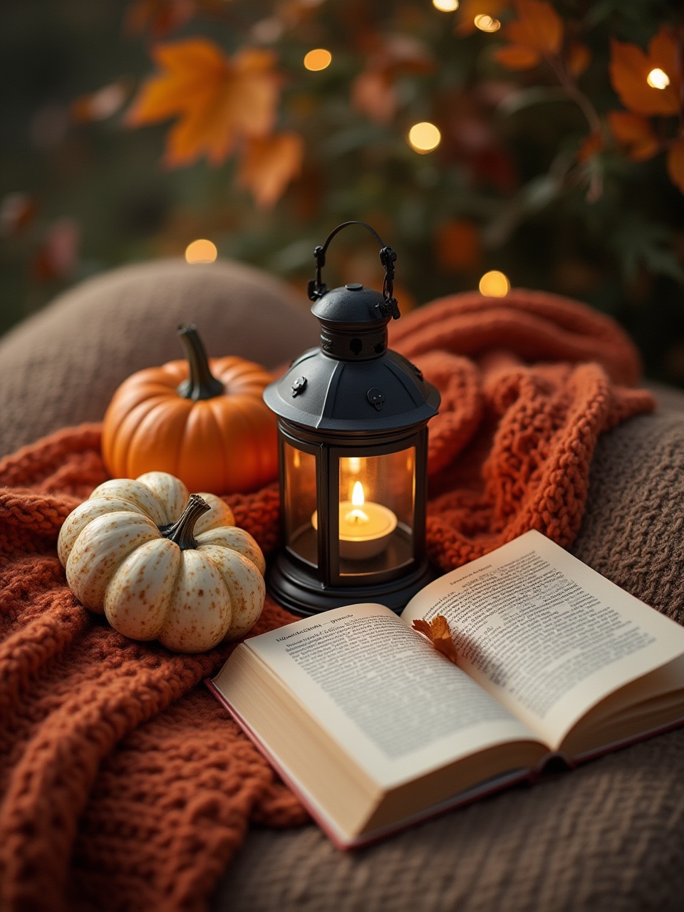 Cozy autumn evening with lantern, pumpkins, and book Cozy autumn evening with lantern, pumpkins, and book