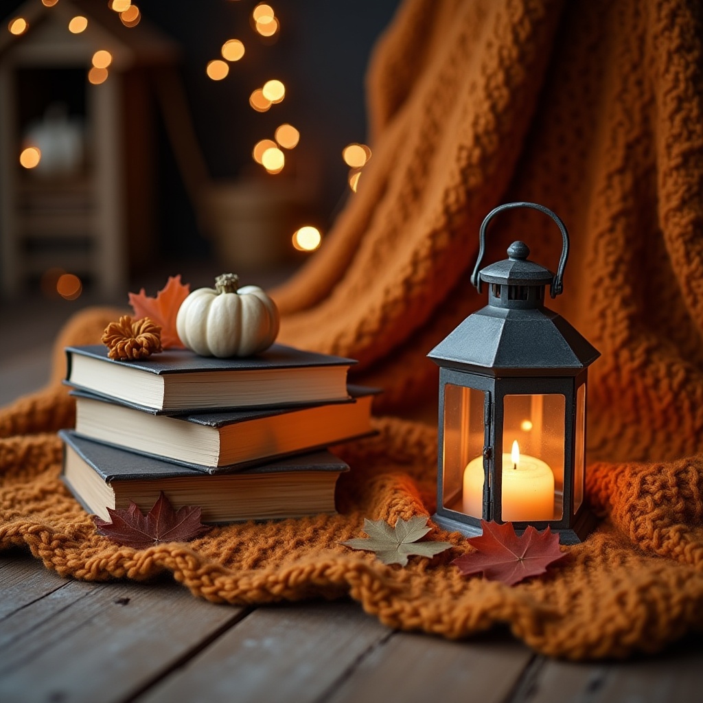 Cozy autumn evening with lantern and books Cozy autumn evening with lantern and books