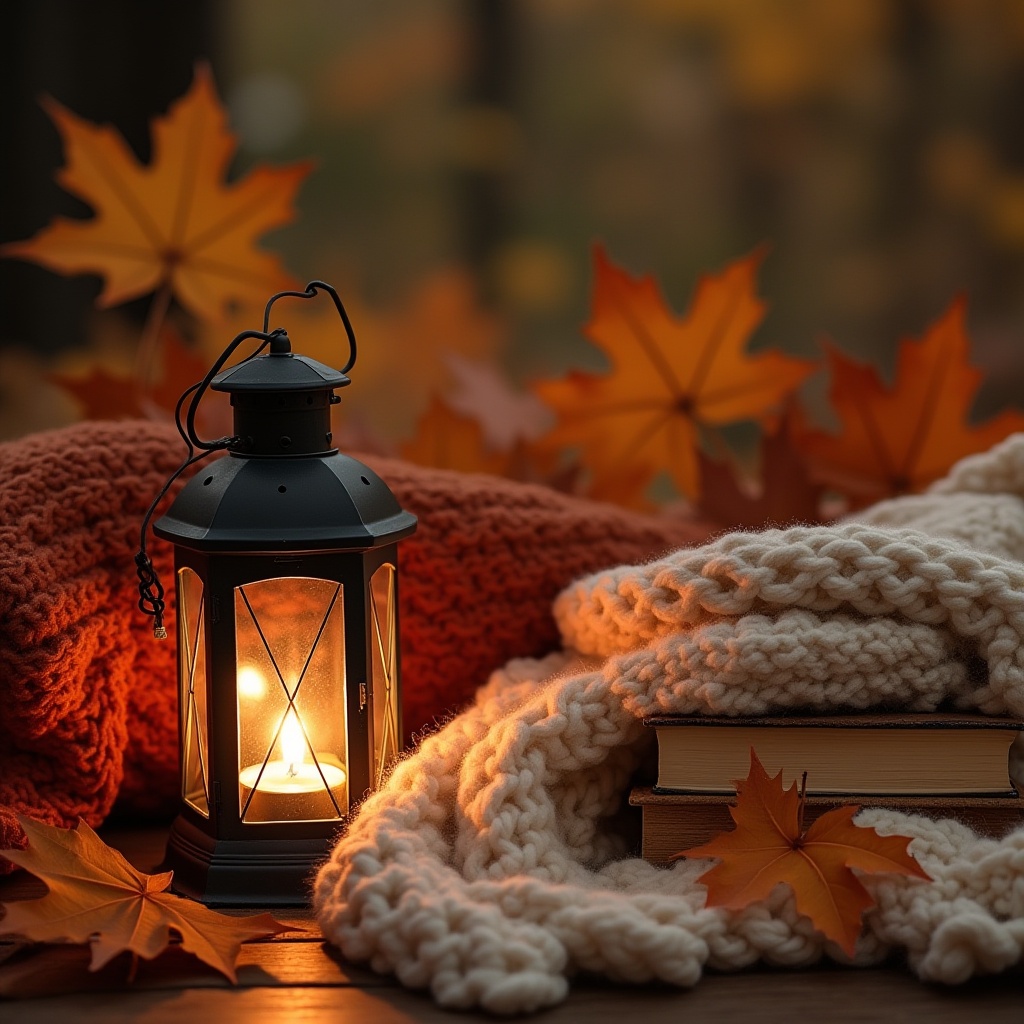 Cozy autumn evening with lantern and warm blankets Cozy autumn evening with lantern and warm blankets