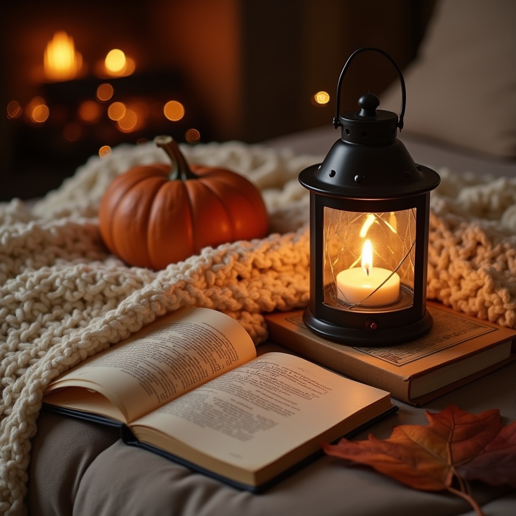 Cozy autumn evening with lantern, book, and pumpkin Cozy autumn evening with lantern, book, and pumpkin