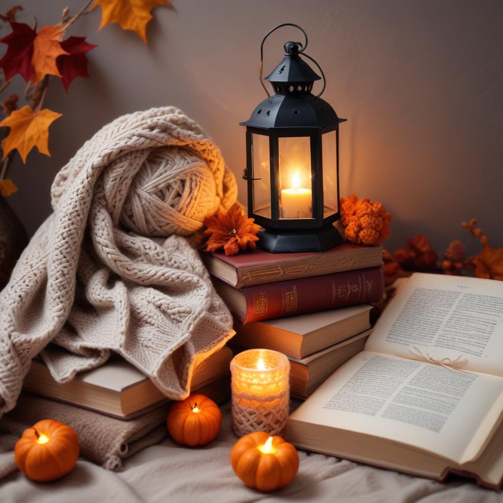 Cozy autumn decor with candles, books, and pumpkins Cozy autumn decor with candles, books, and pumpkins