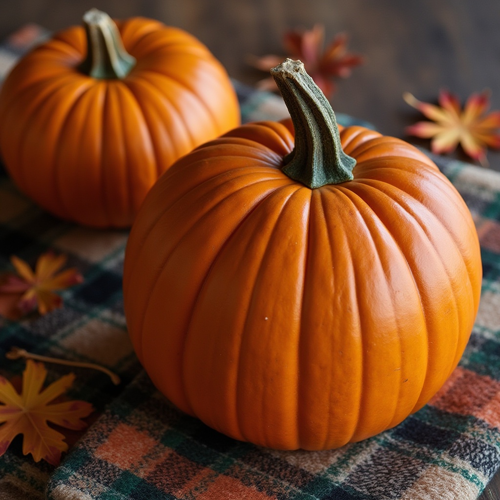 Pumpkins on a plaid tablecloth in autumn setting Pumpkins on a plaid tablecloth in autumn setting