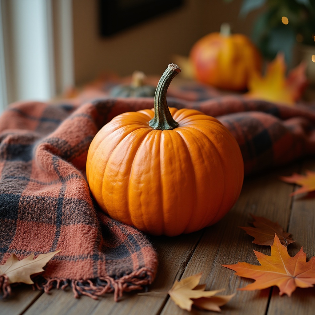 Autumn pumpkin on wooden table with cozy blanket Autumn pumpkin on wooden table with cozy blanket