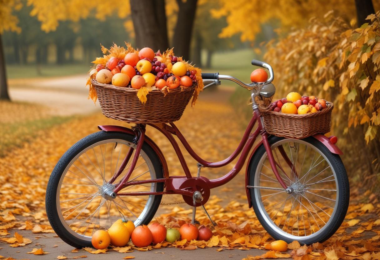 Bicycle with baskets full of pumpkins in autumn park Bicycle with baskets full of pumpkins in autumn park